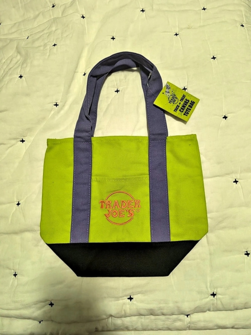 Trader Joe's Trick-or-Treat Mini Canvas Tote Bag Green & Black